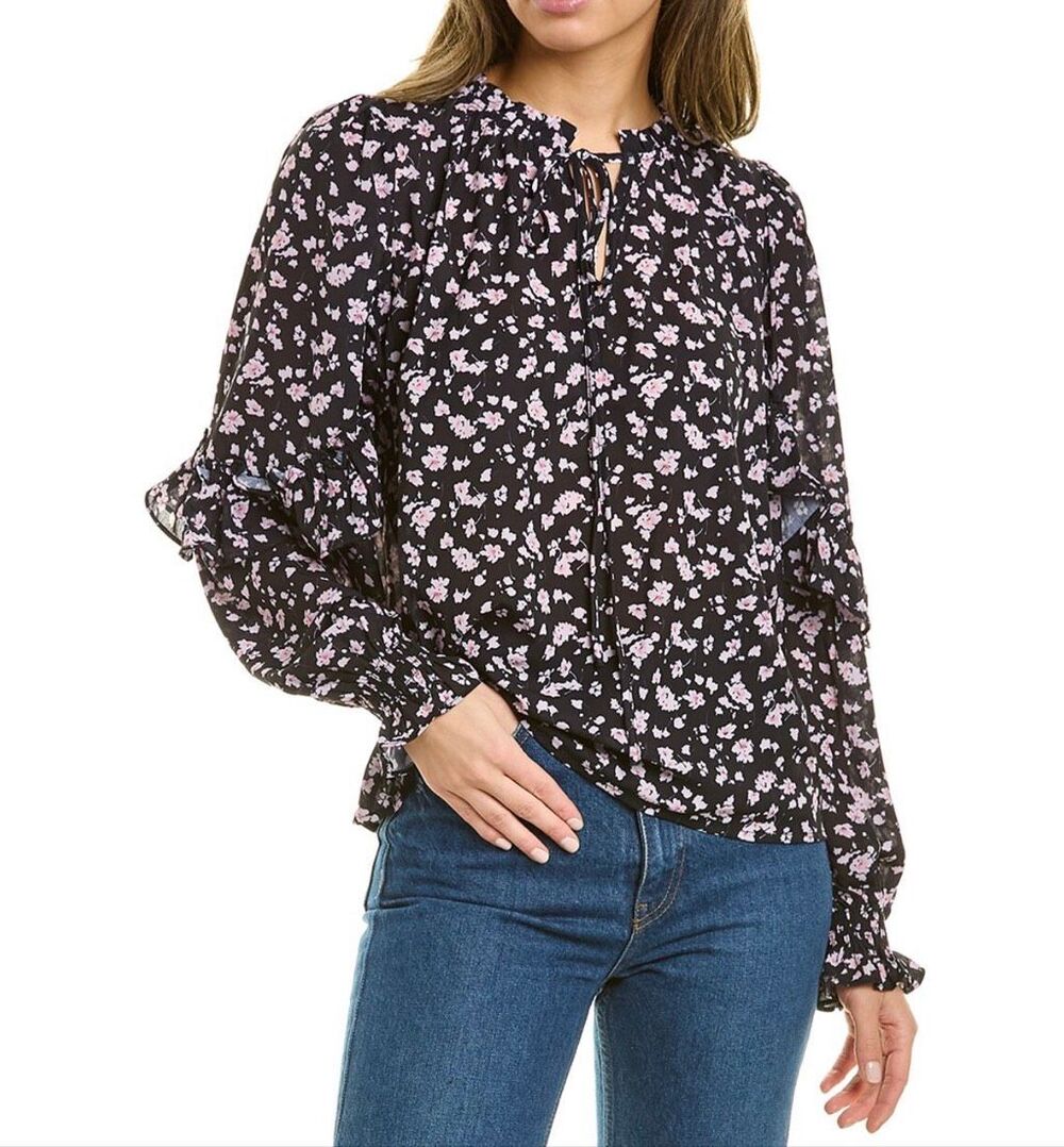 Stellah $341 Floral Ditsy Tie Neck Long Sleeve Ruffle Blouse Top Black boho XS N